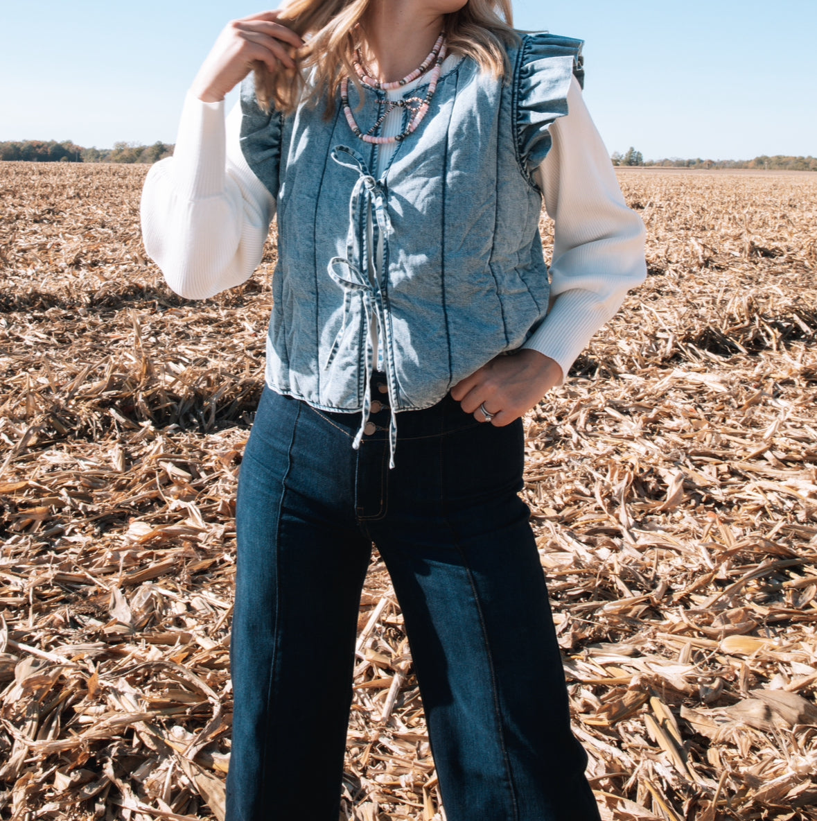 Denim Quilted Front Tie Vest