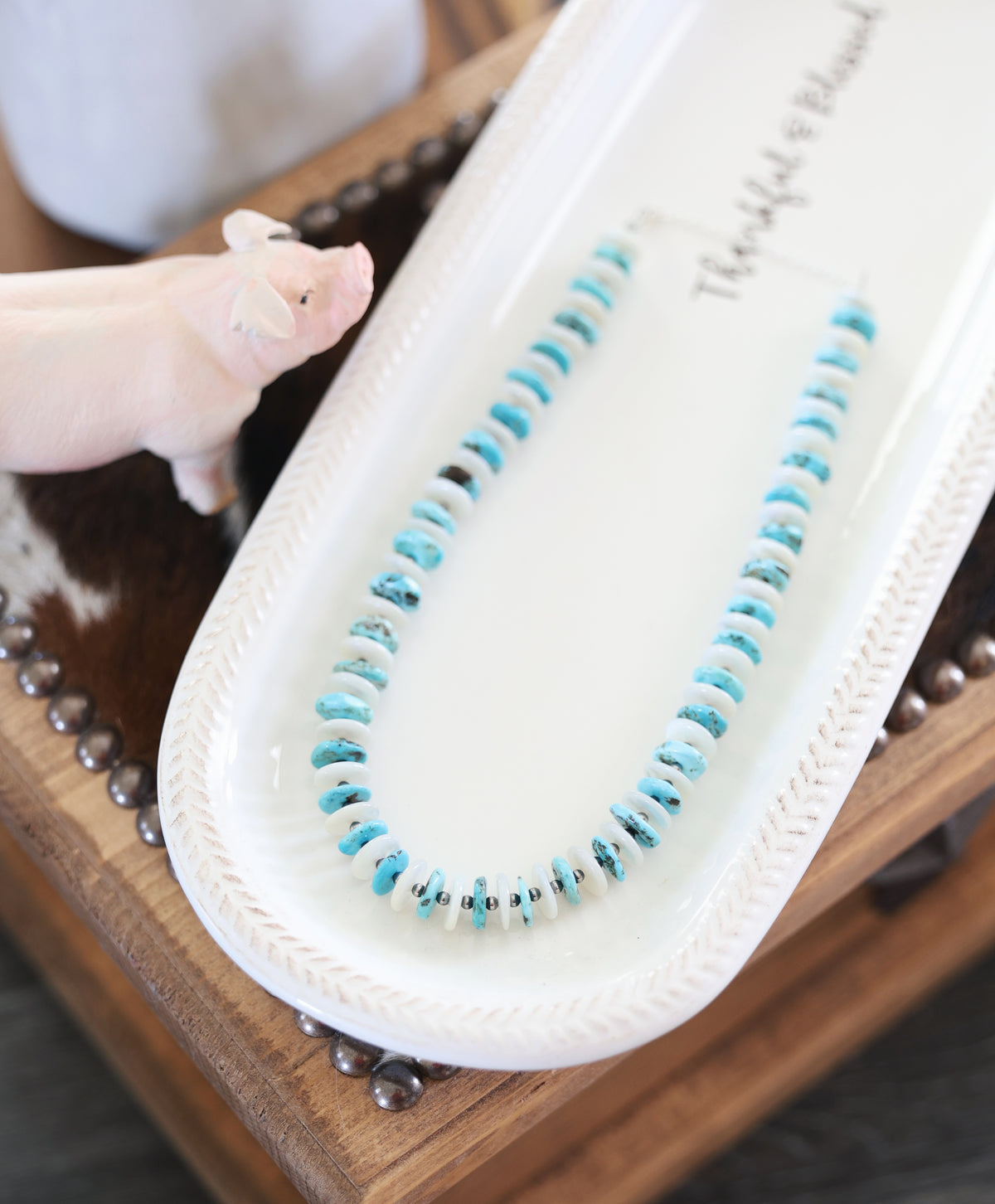 Blue Turquoise, White Shell, & Sterling Pearl Necklace