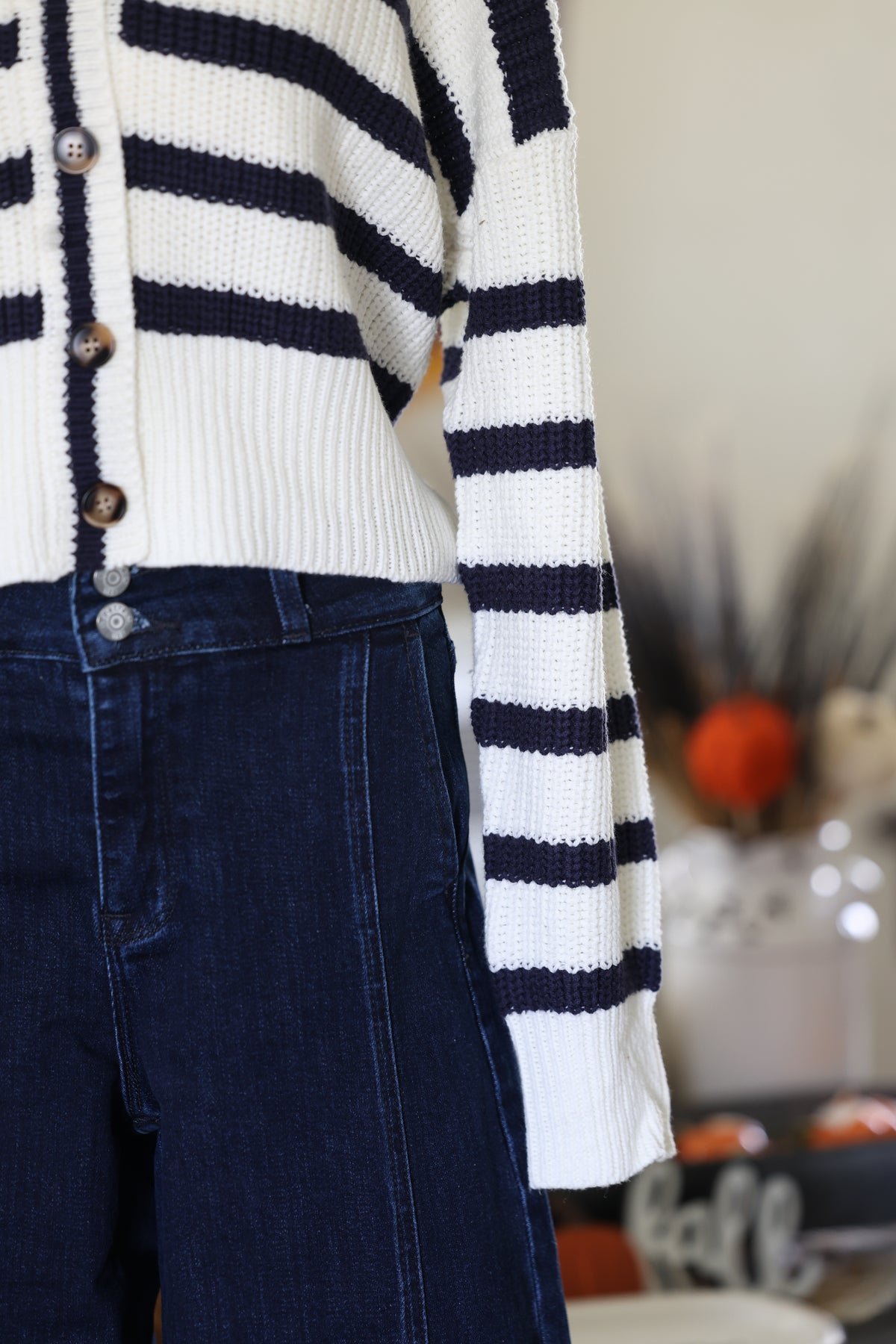 Navy & Cream V Neck Stripe Sweater Cardigan