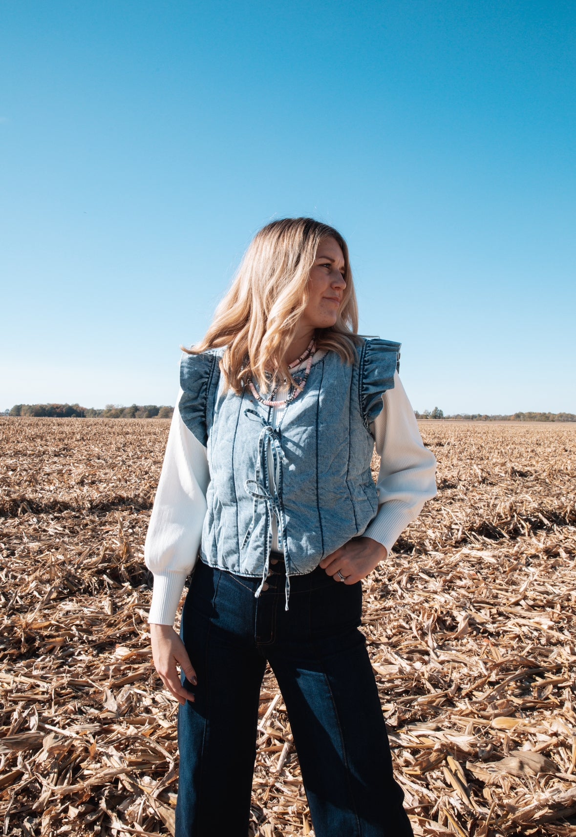 Denim Quilted Front Tie Vest