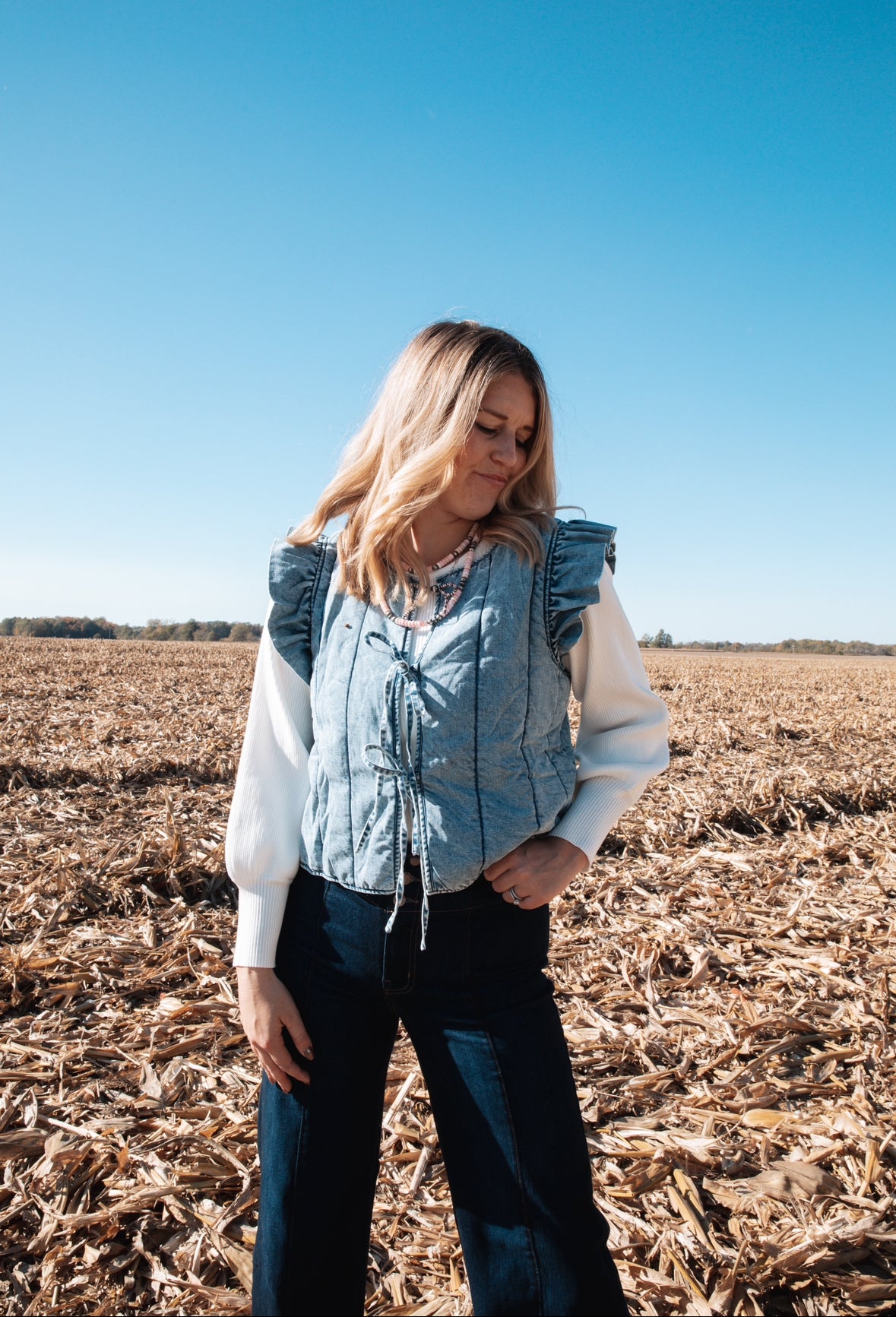 Denim Quilted Front Tie Vest