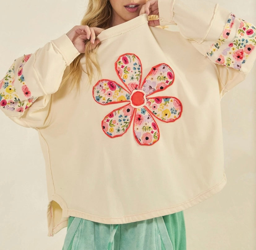 Cream Floral Patchwork Long Sleeved Top