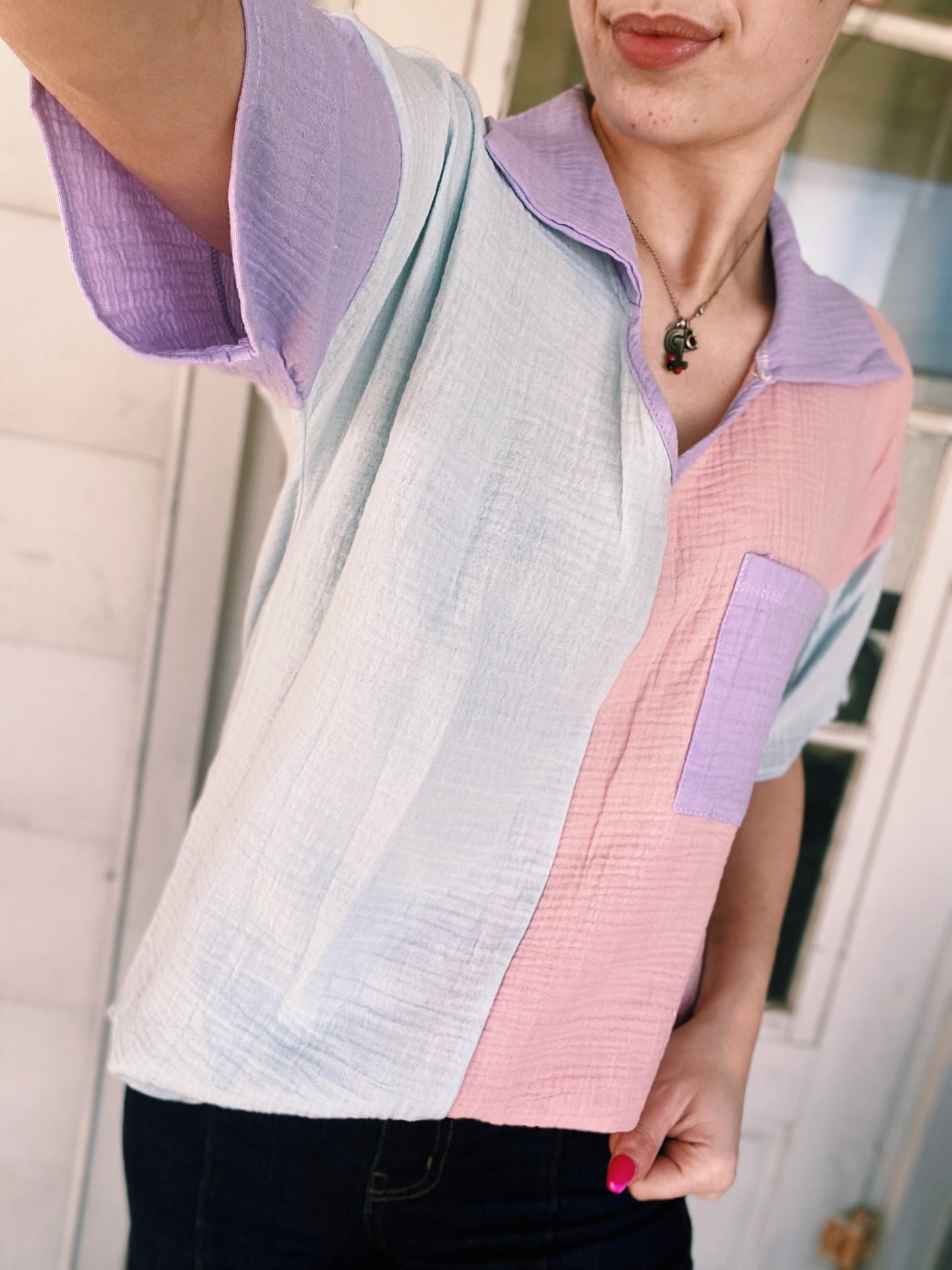 Color Block Short Sleeved Top - Pink/Color, Purple, & Teal