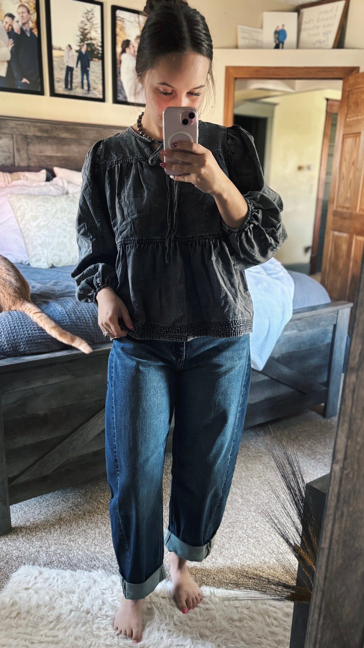 Dark Wash High Rise Cuffed Barrel Jeans