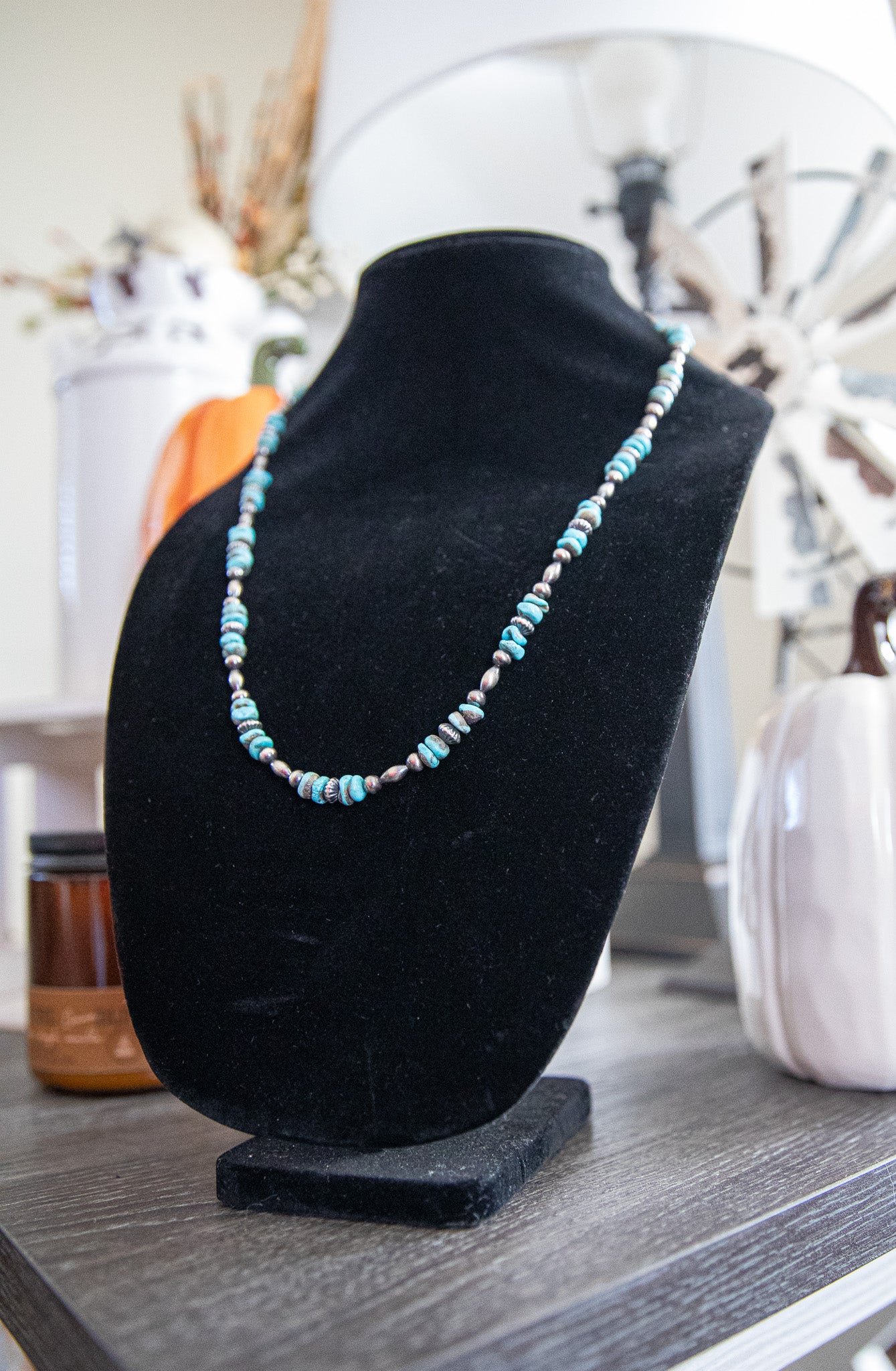 23-25 Inch Kingman Turquoise, Torpedo, & Sterling Pearl Necklace