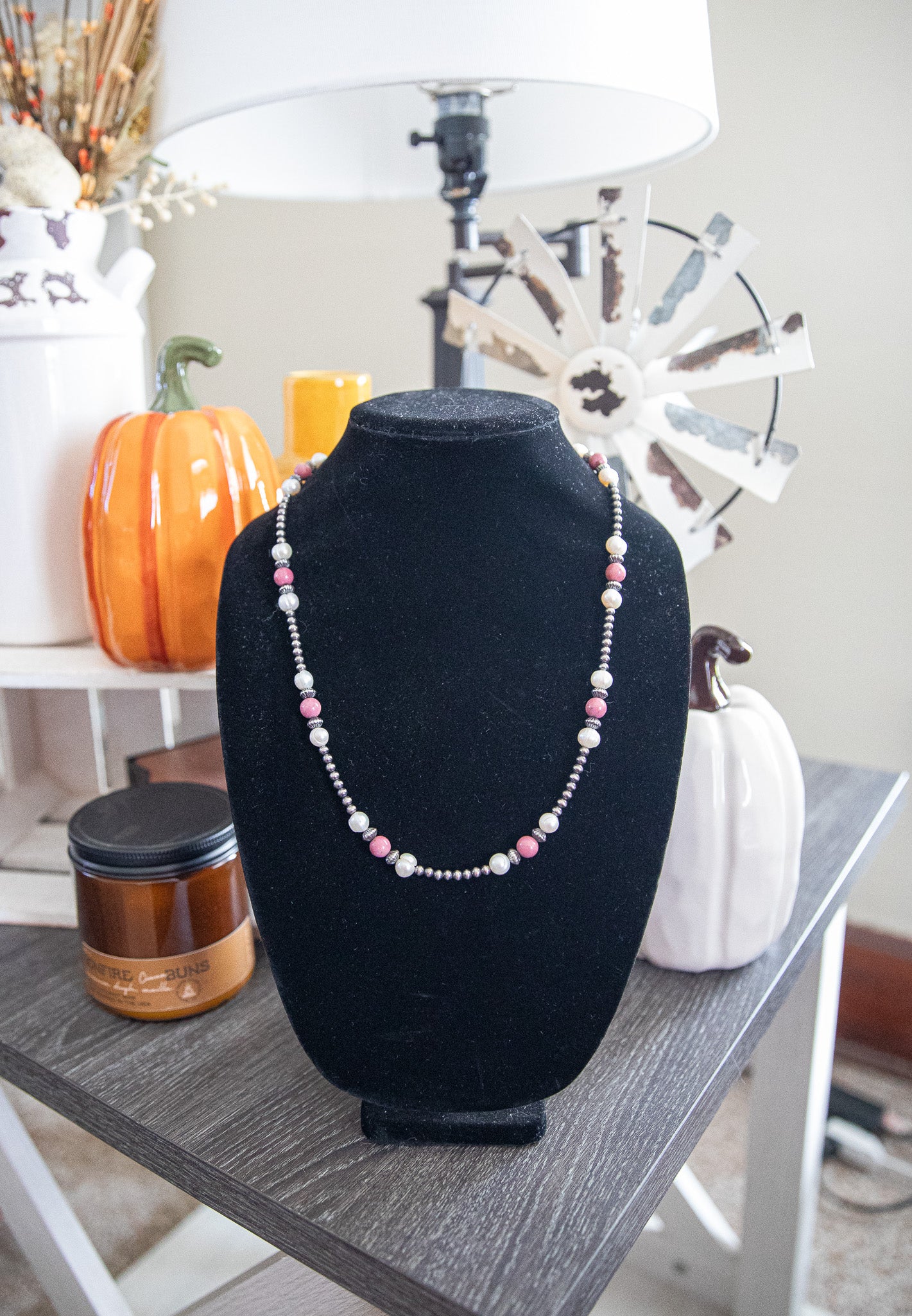 23-24 Inch Rhodonite, Freshwater, & Sterling Pearl Necklace