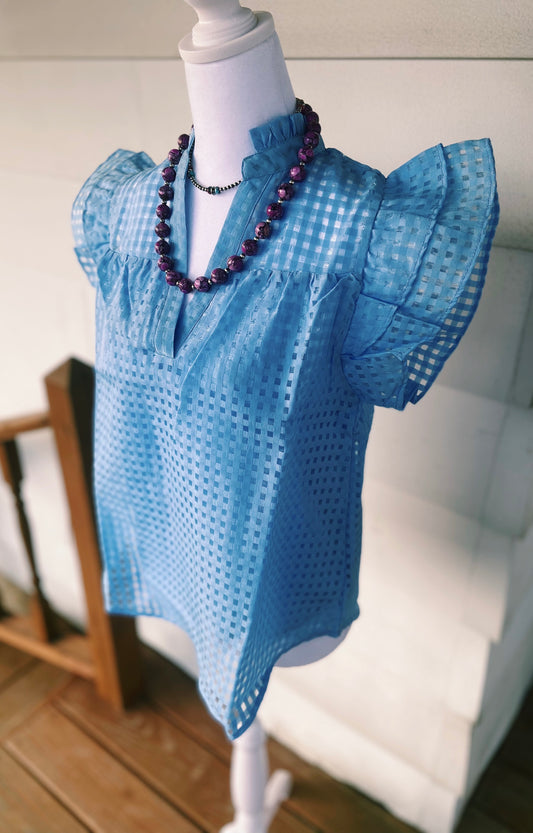 Sky Blue Grid Ruffled Sleeve Top