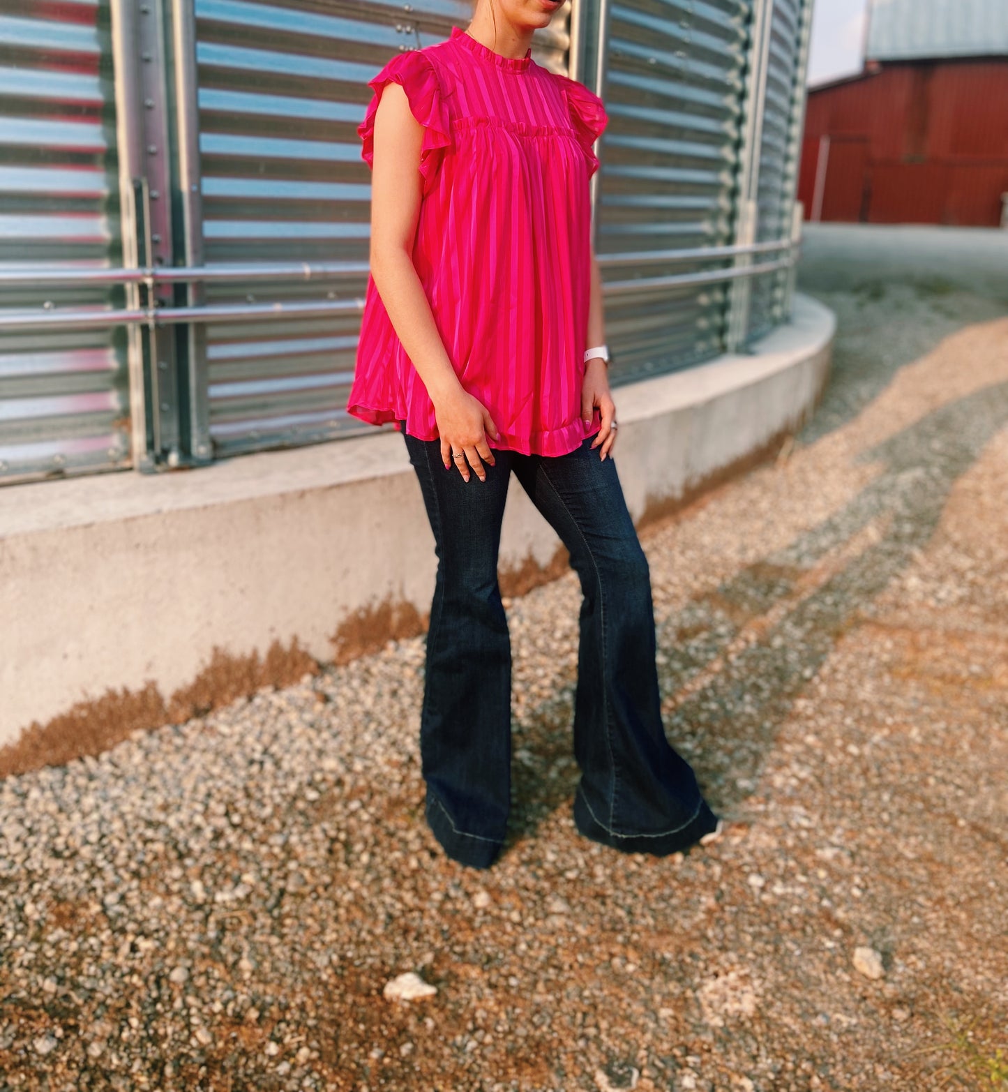 Hot Pink Striped Ruffled Sleeve Top