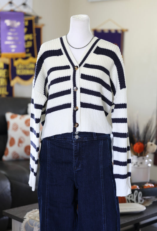 Navy & Cream V Neck Stripe Sweater Cardigan
