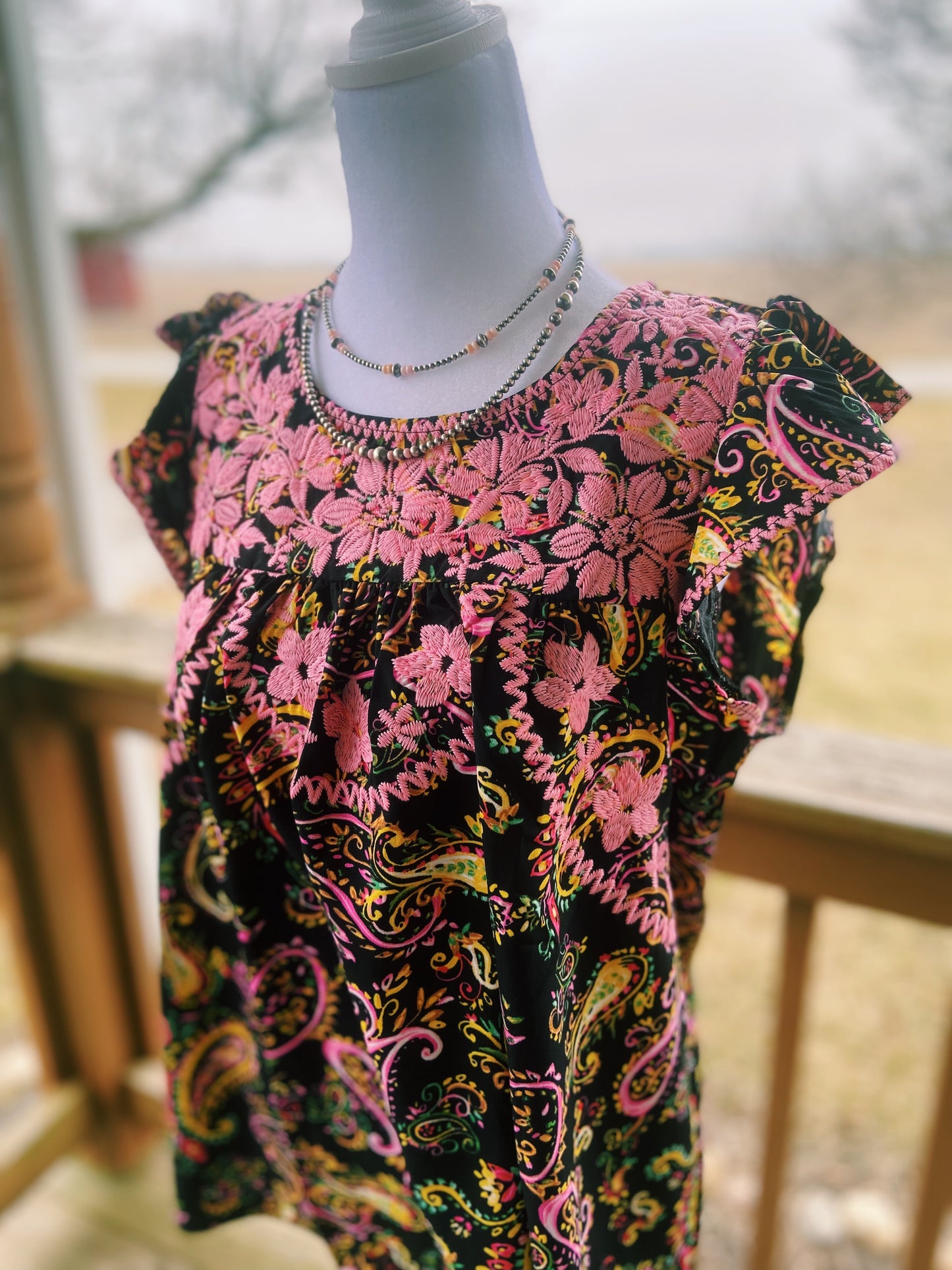 Embroidered Pink Floral + Paisley Ruffled Sleeved Top