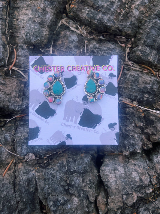 Turquoise & Iridescent Half Cluster Stud Earrings