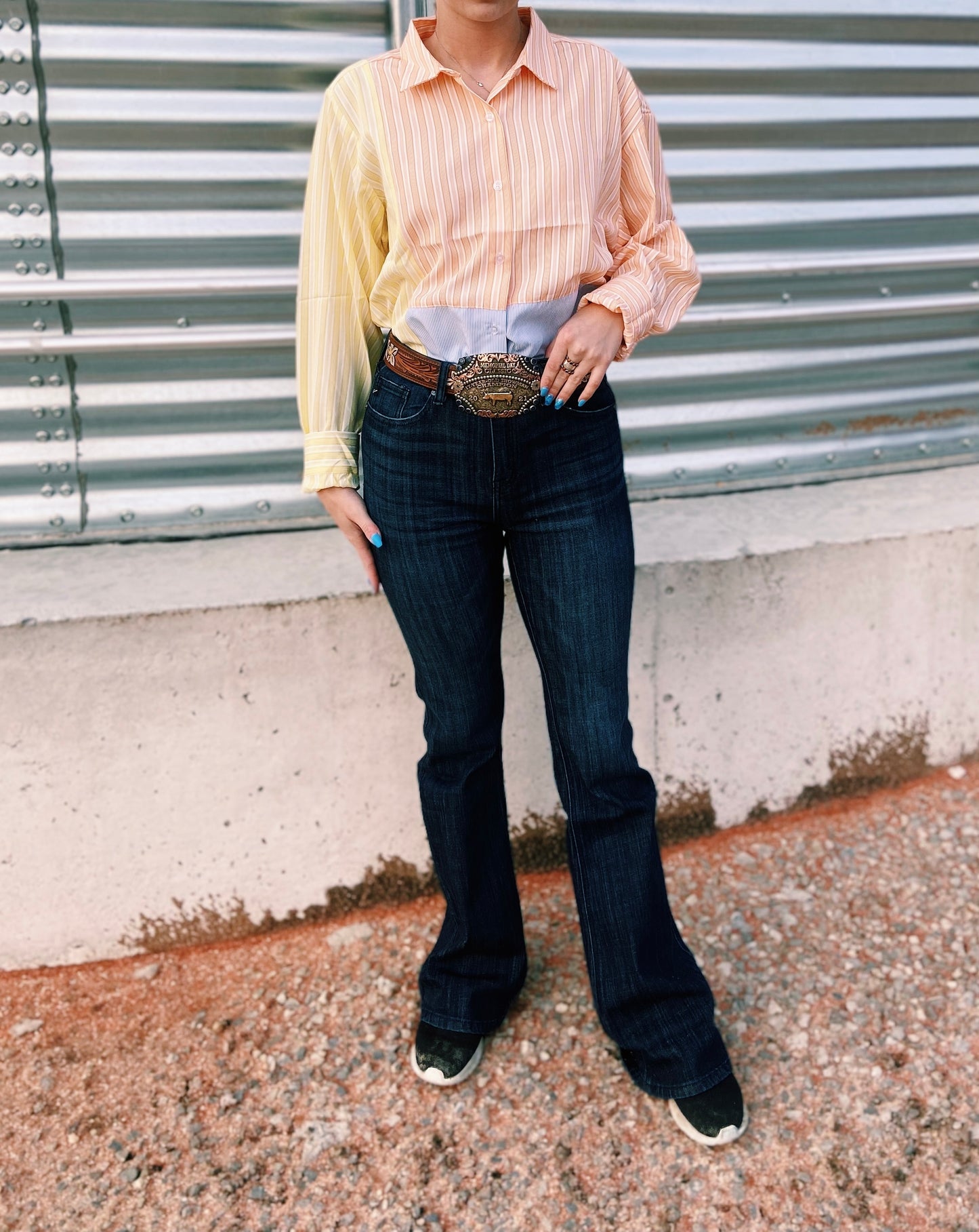 Multi Color Block Striped Stock Show Shirt - Orange/Blue/Yellow