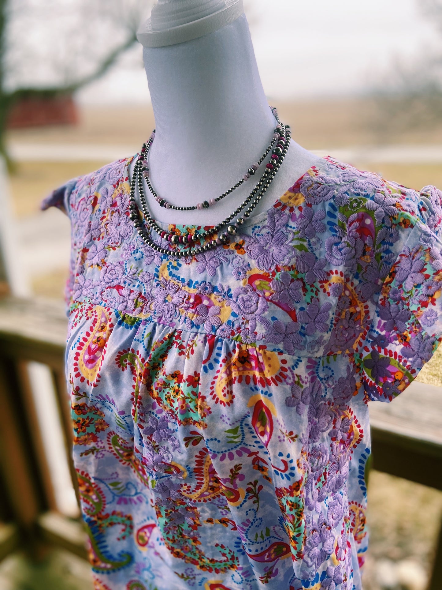 Embroidered Purple Floral + Paisley Ruffled Sleeved Top