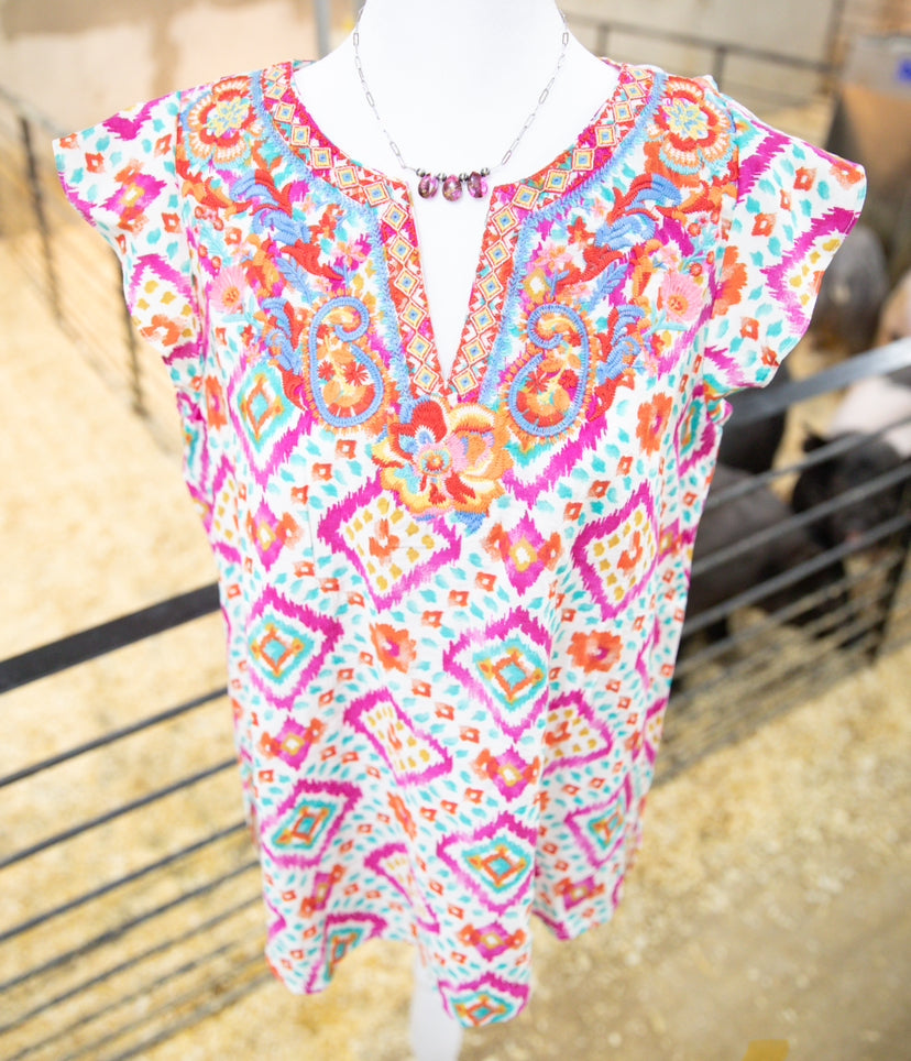 Pink & White Aztec Embroidered Ruffled Sleeve Top