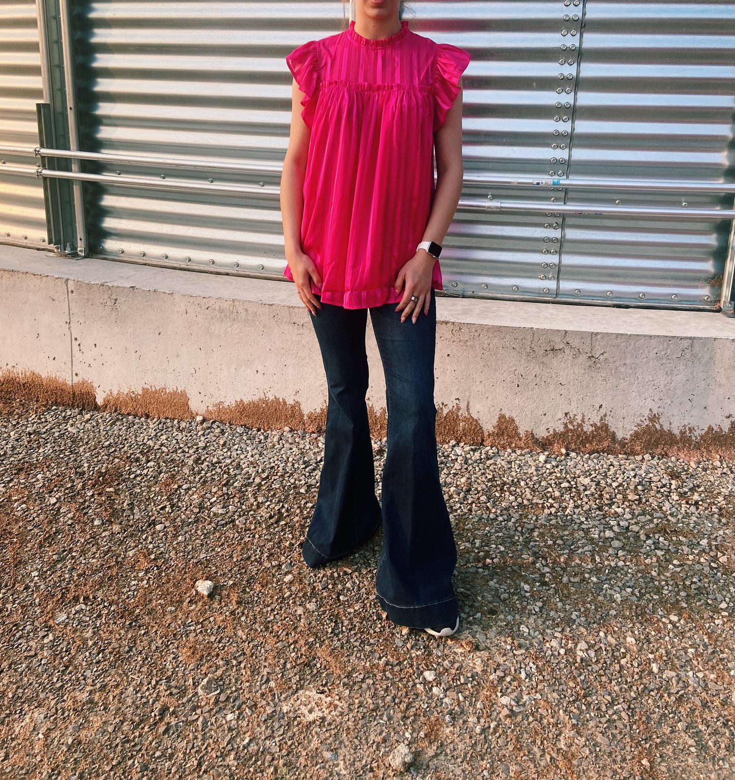 Hot Pink Striped Ruffled Sleeve Top