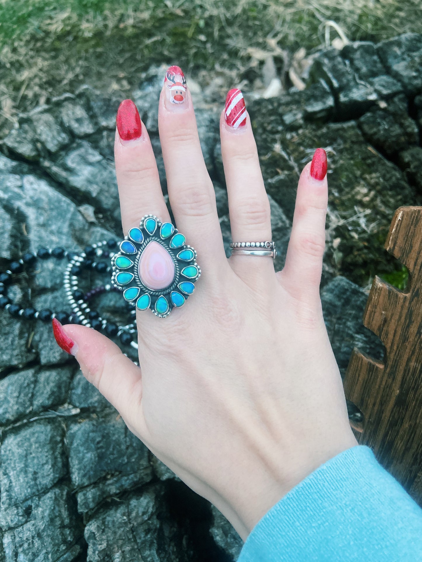 Pink Conch & Opal Adjustable Ring