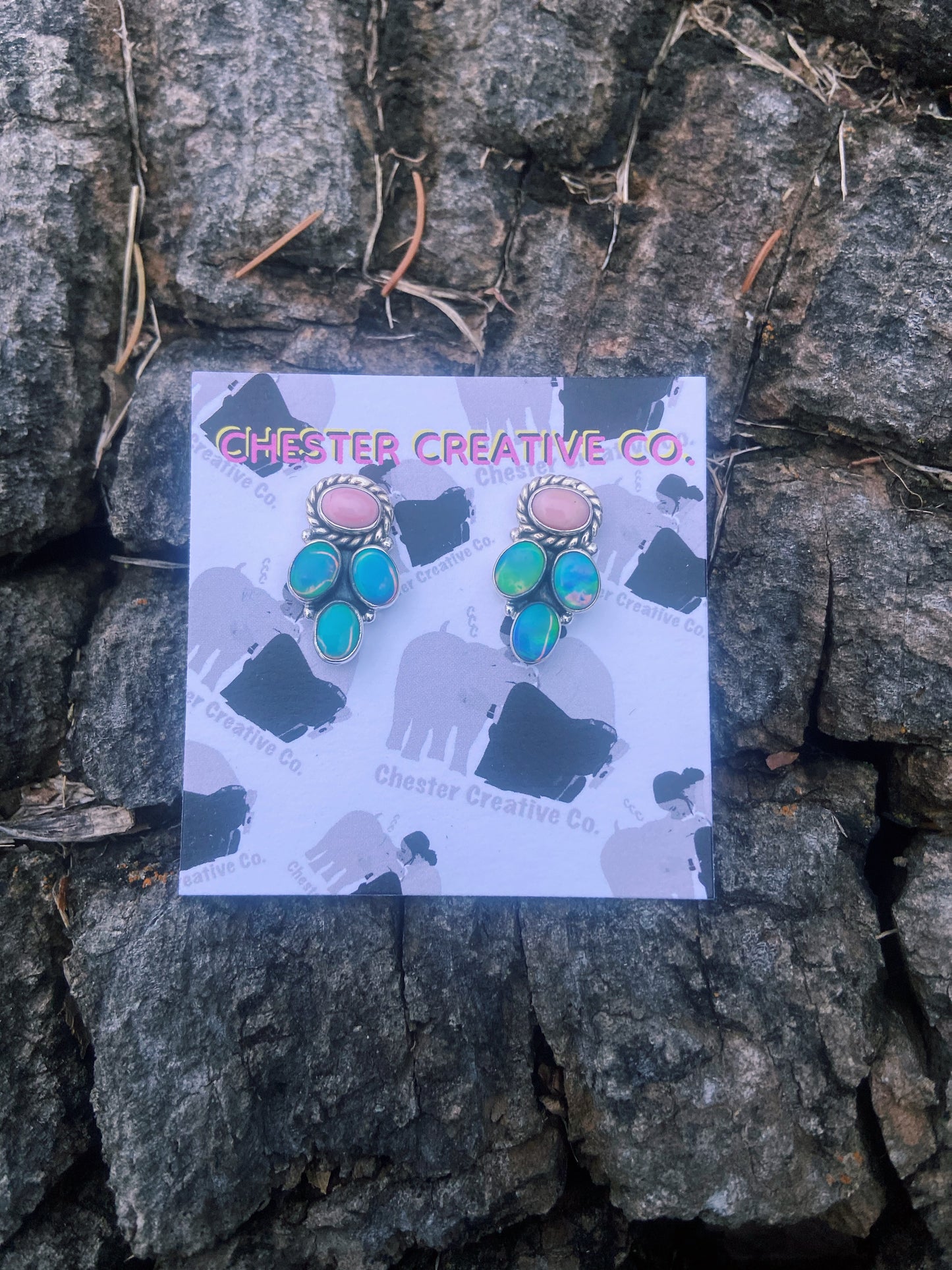 Pink Conch & Opal Stud Earrings