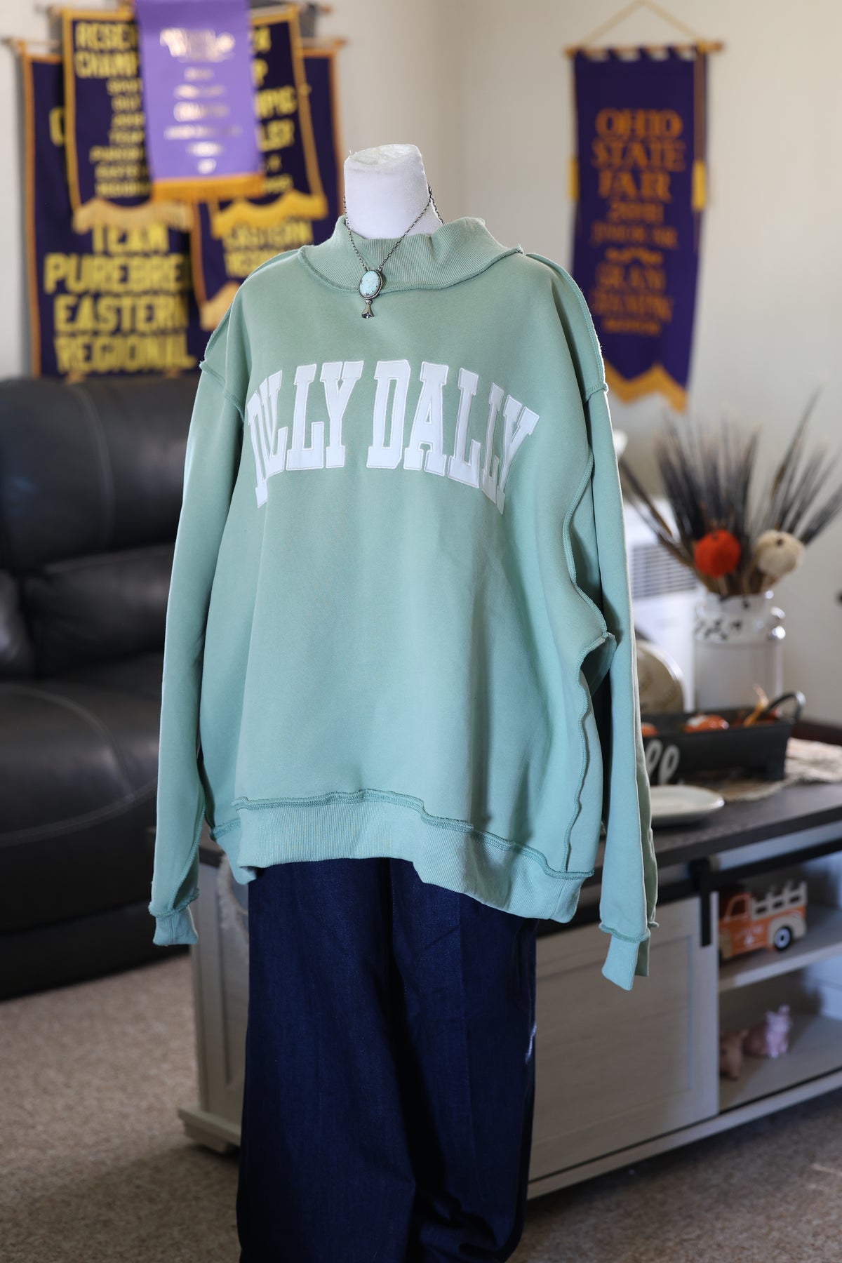 Dilly Dally Embroidered Teal Mockneck Crewneck