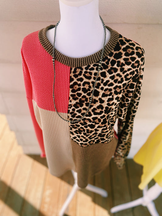 Color Block Long Sleeved Basic Top - Pink, Cheetah, Brown