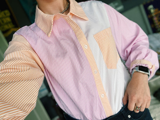 Multi Color Block Pastel Striped Stock Show Shirt - Orange/White/Pink