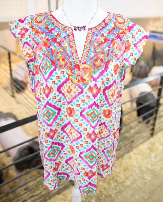 Pink & White Aztec Embroidered Ruffled Sleeve Top