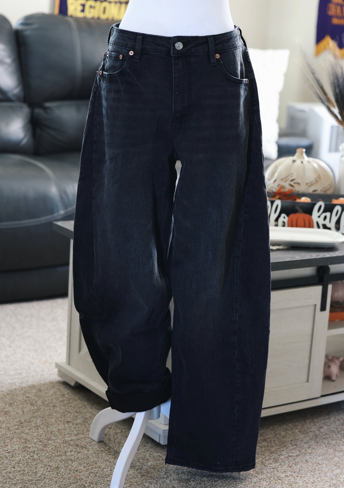 Black Wash High Rise Barrel Jeans