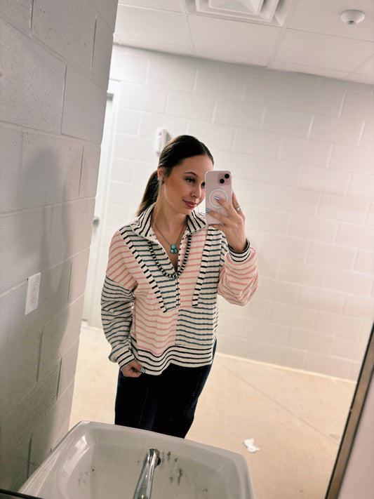 Pink, Blue, & Black Striped Pullover