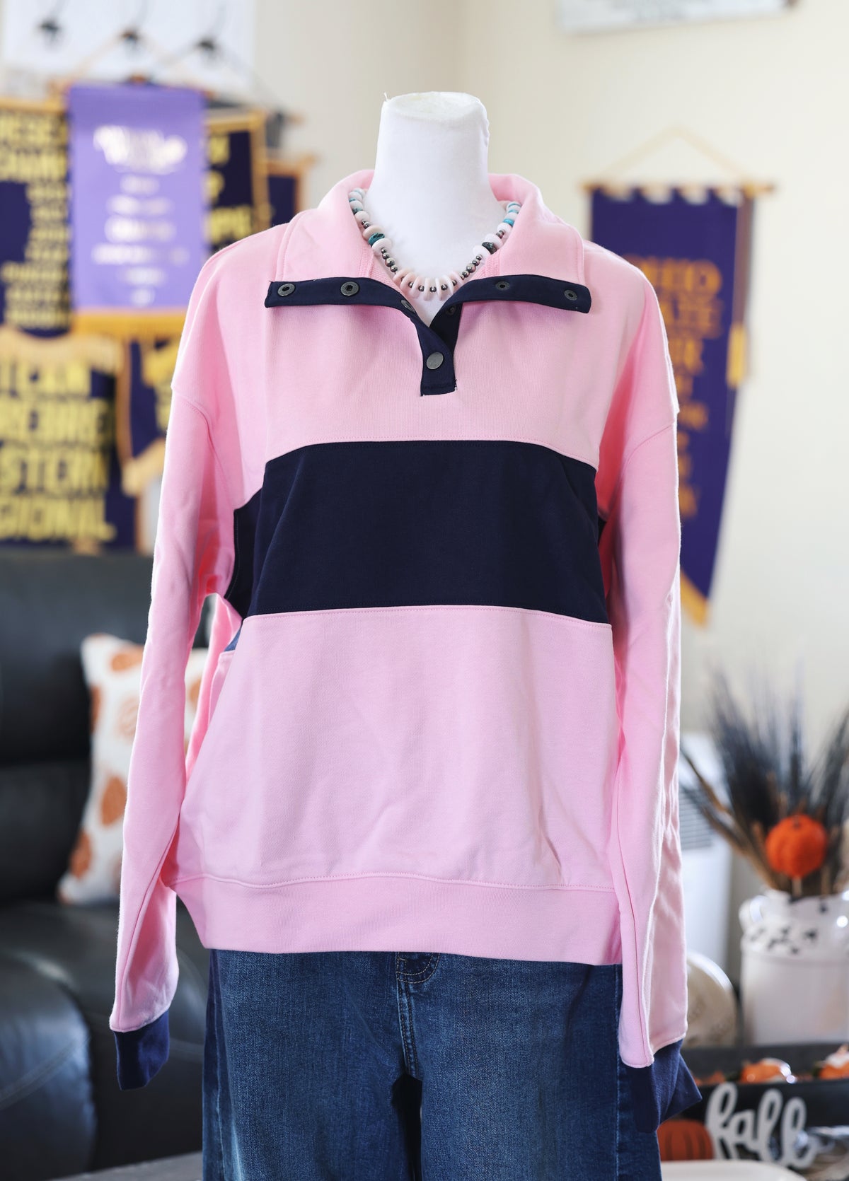 Baby Pink & Navy Colorblock Pullover