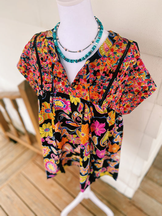 Bright Neon Embroidered Floral Top