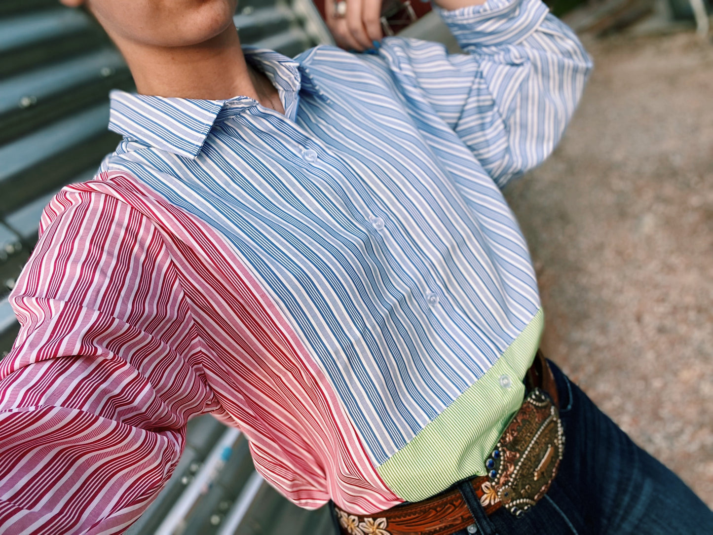 Multi Color Block Striped Stock Show Shirt - Green/Blue/Pink