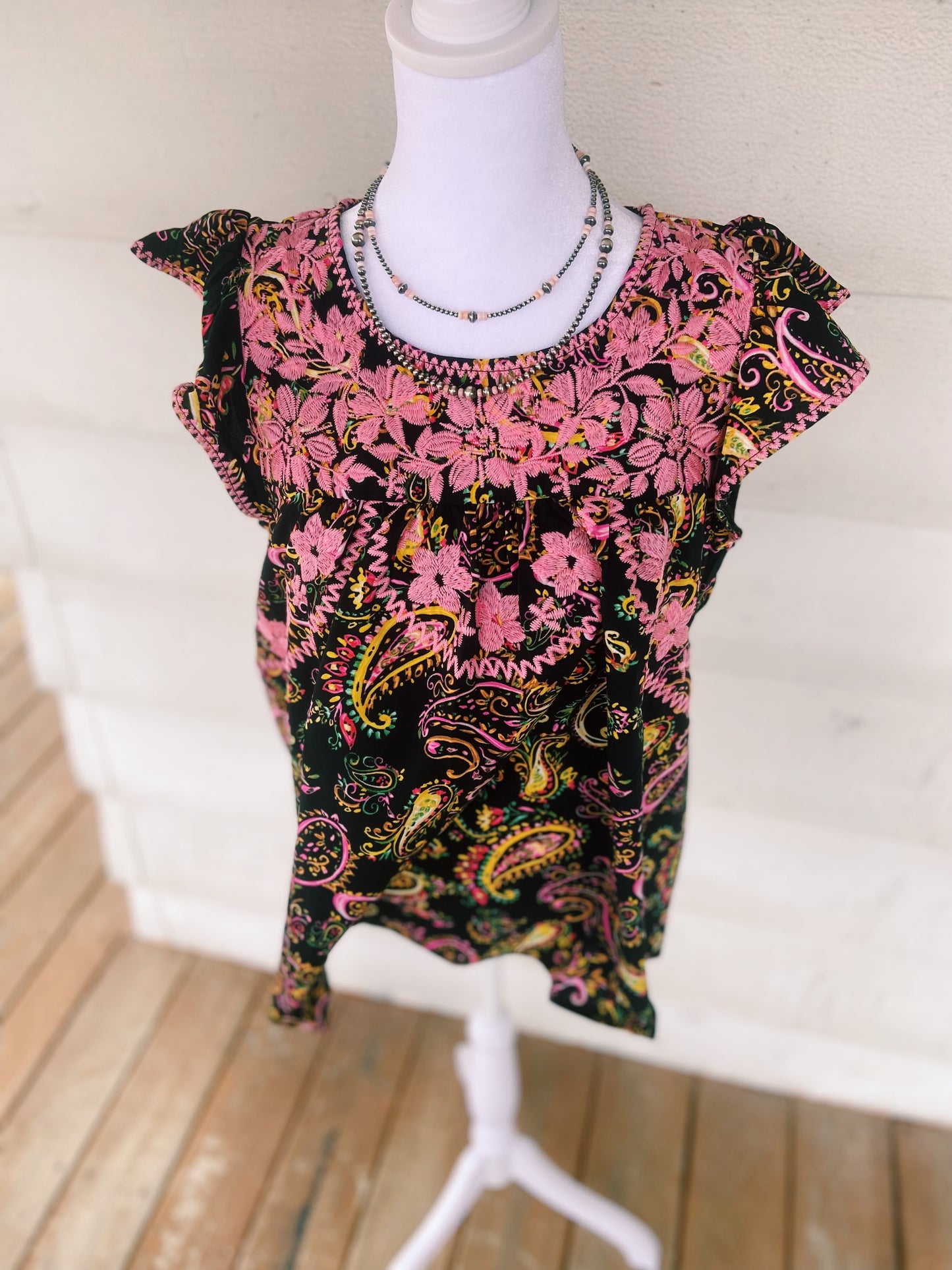 Embroidered Pink Floral + Paisley Ruffled Sleeved Top