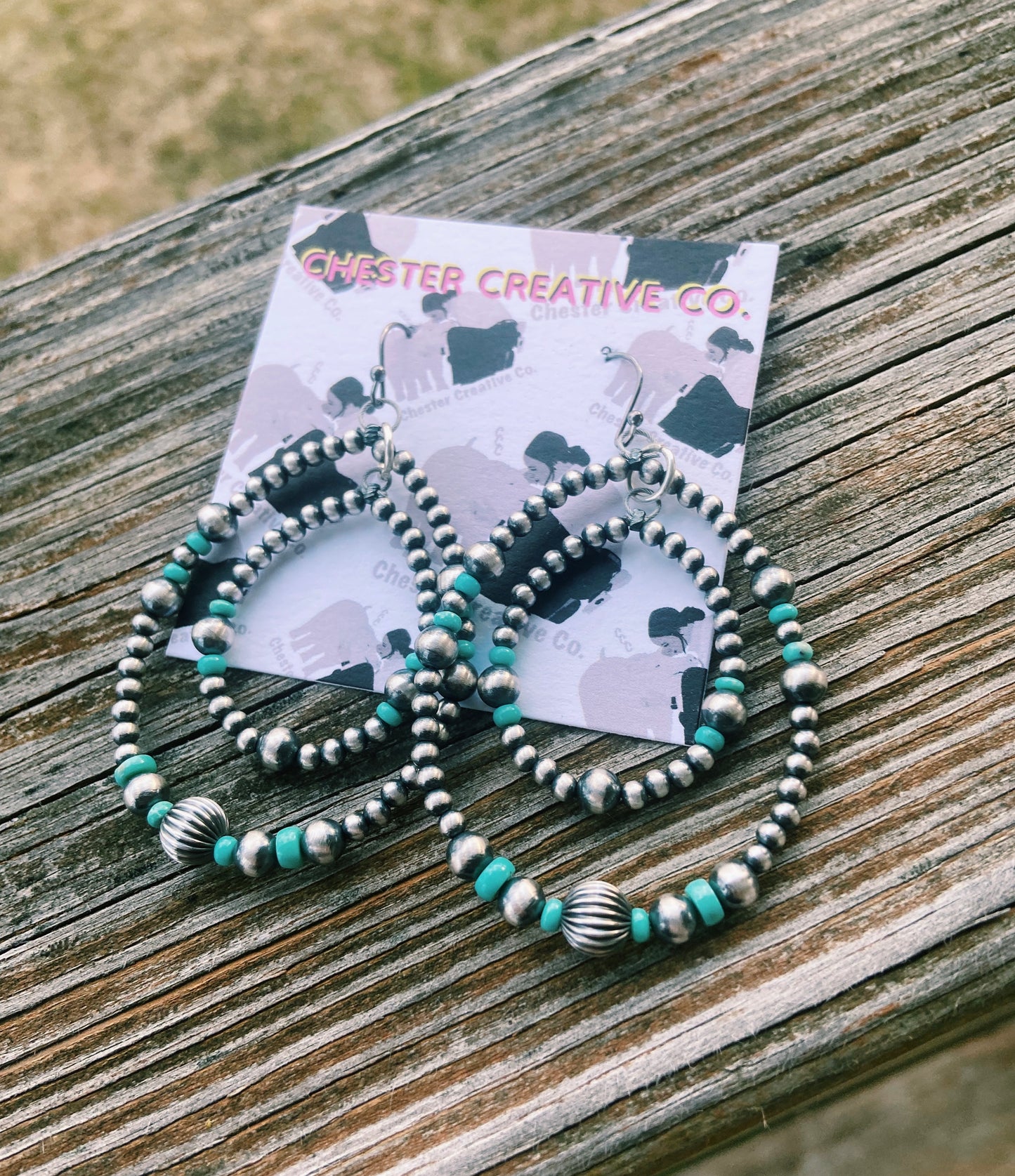 Double Hoop Real Navajo Pearl & Turquoise Earrings