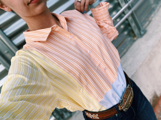 Multi Color Block Striped Stock Show Shirt - Orange/Blue/Yellow