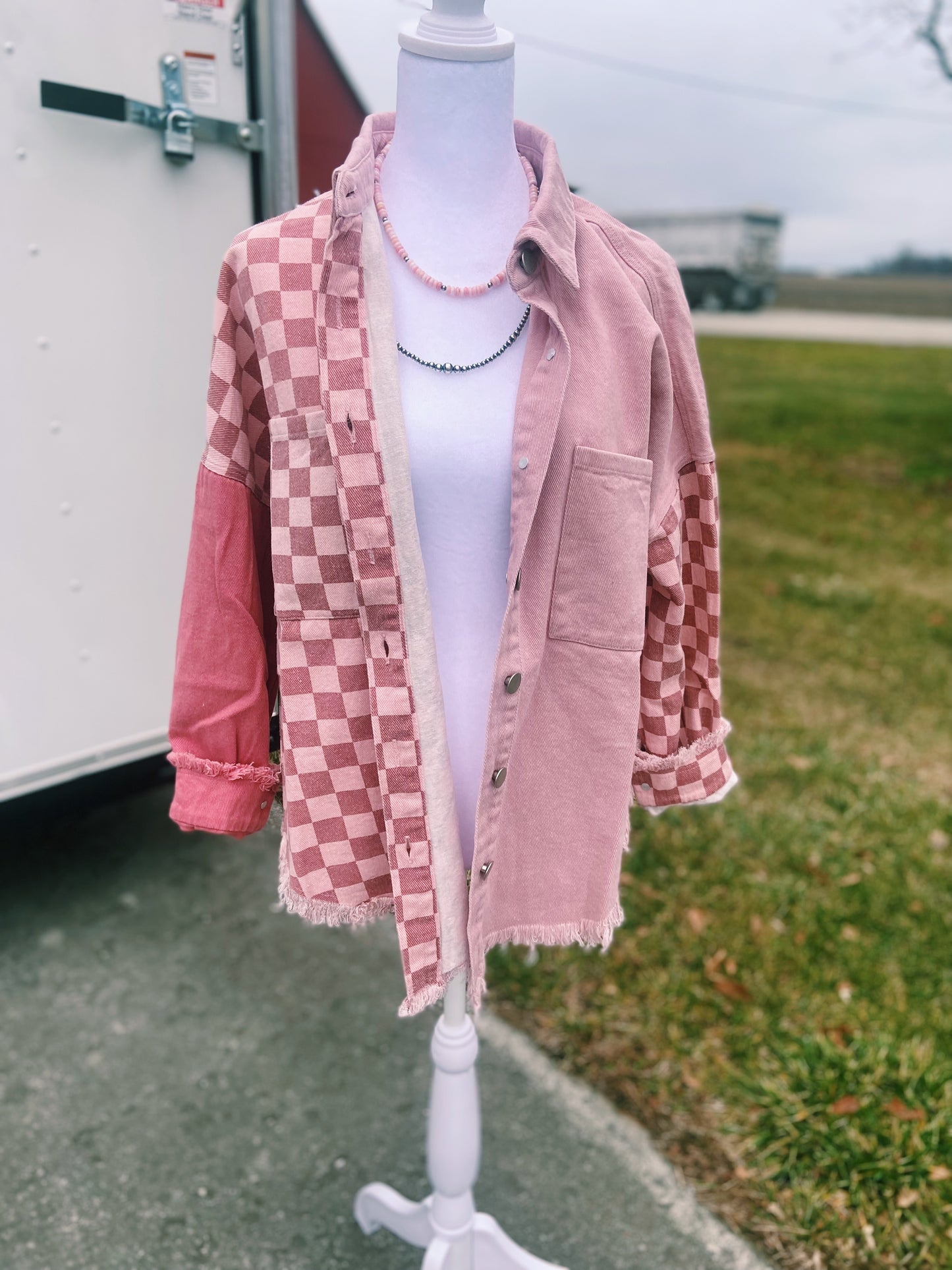 Pink Checkered Distressed Hem Jacket