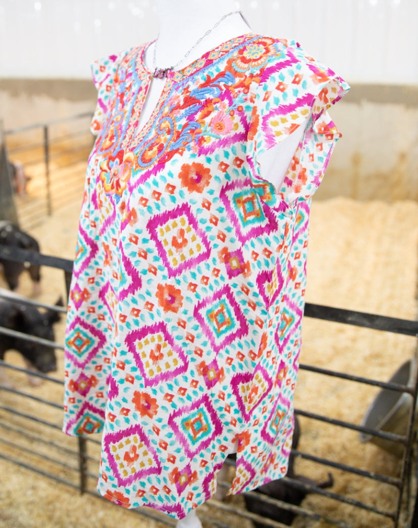 Pink & White Aztec Embroidered Ruffled Sleeve Top