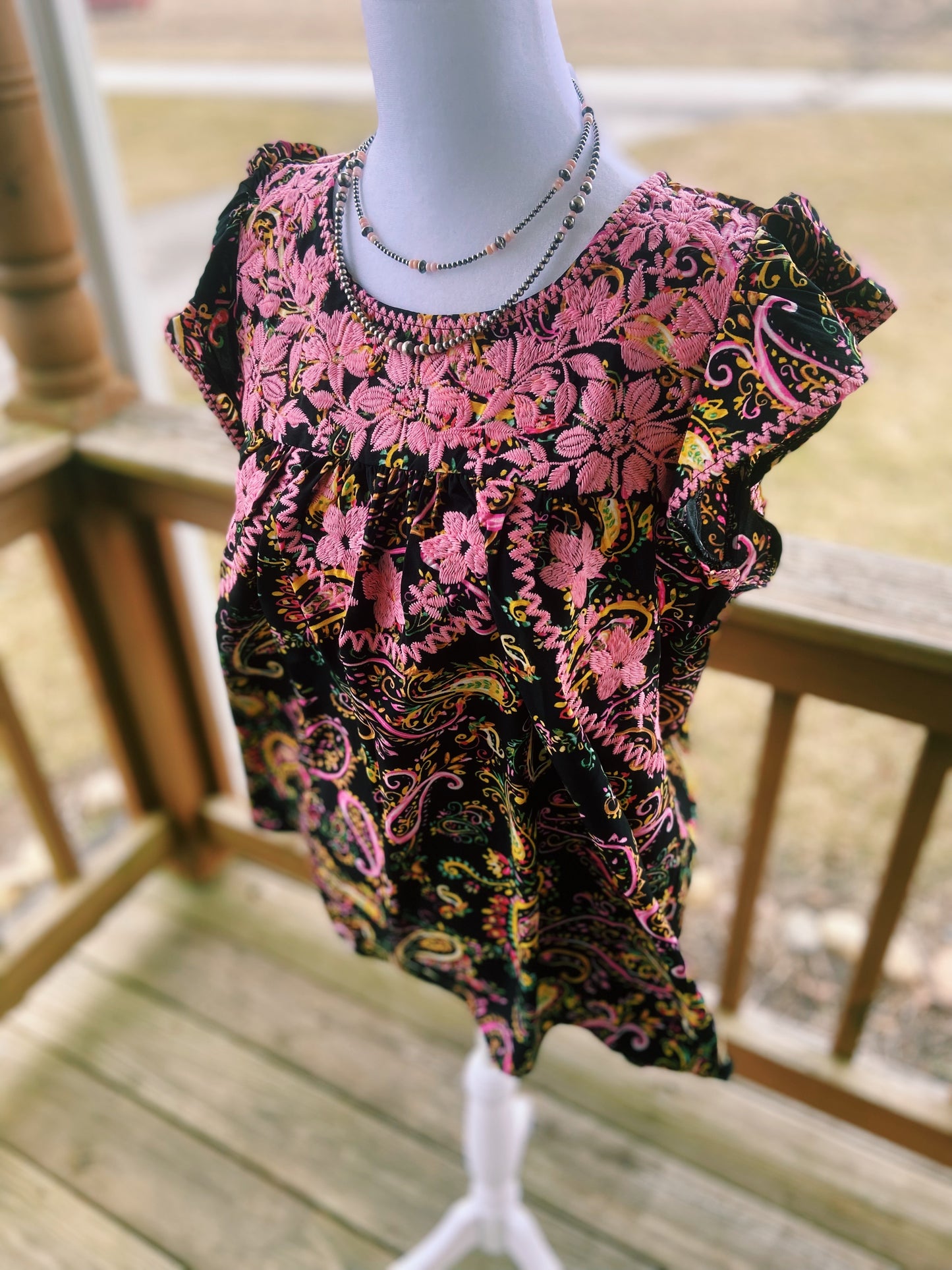 Embroidered Pink Floral + Paisley Ruffled Sleeved Top