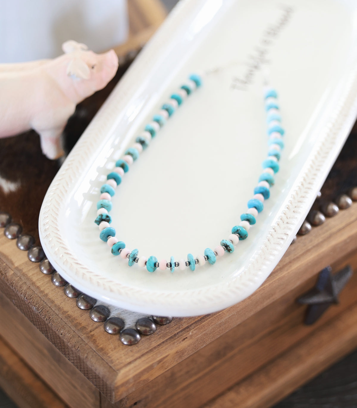 Turquoise, Pink Conch, & Sterling Pearl Necklace