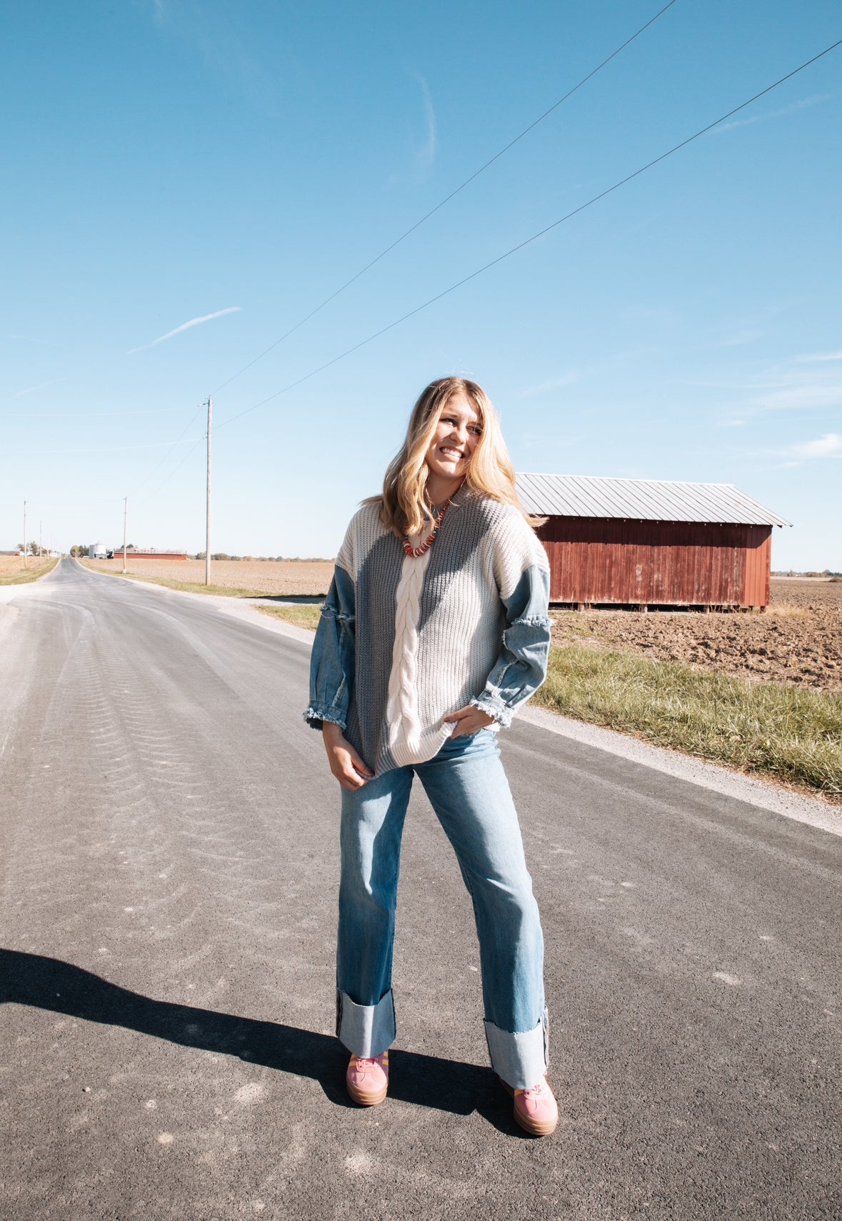 Frayed Denim Sleeved Colorblock Sweater Top