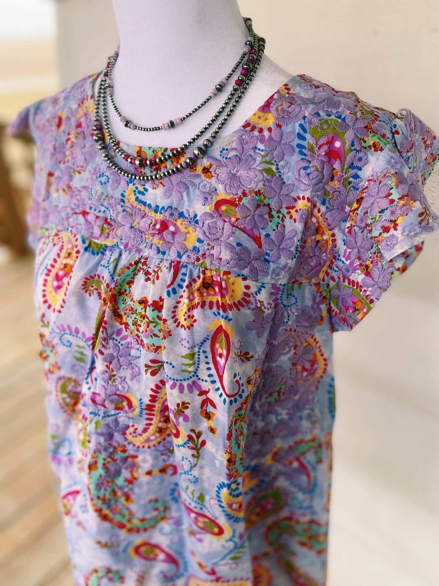 Embroidered Purple Floral + Paisley Ruffled Sleeved Top