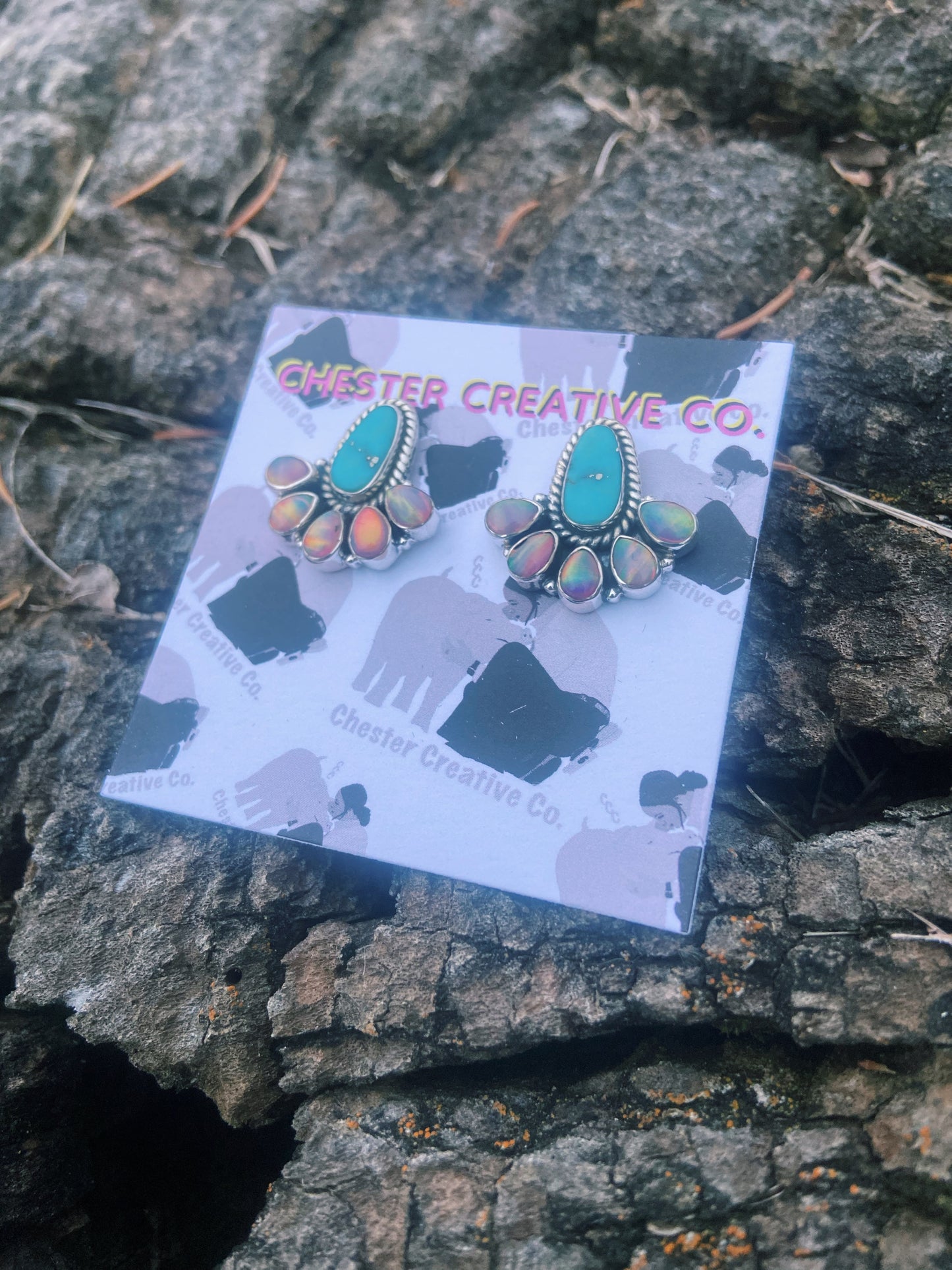 Turquoise & Iridescent Opal Stud Earrings