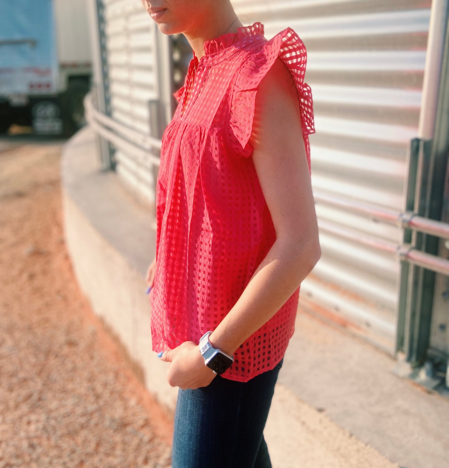 Pink Grid Ruffled Top