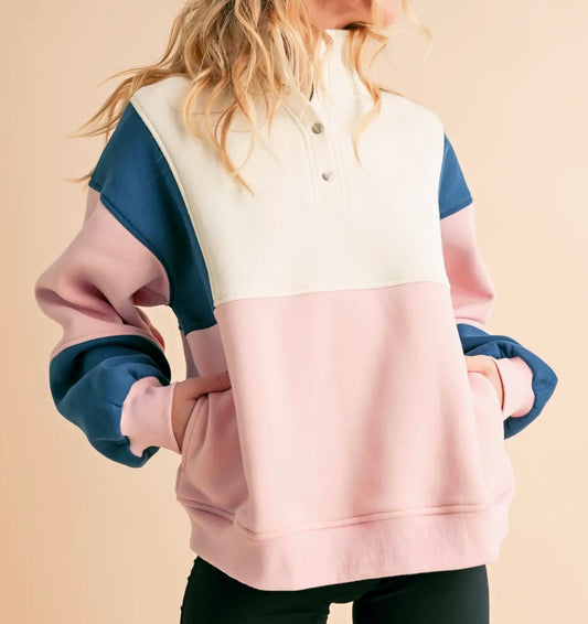 Pink, Navy Blue, & Cream Color Block Pullover