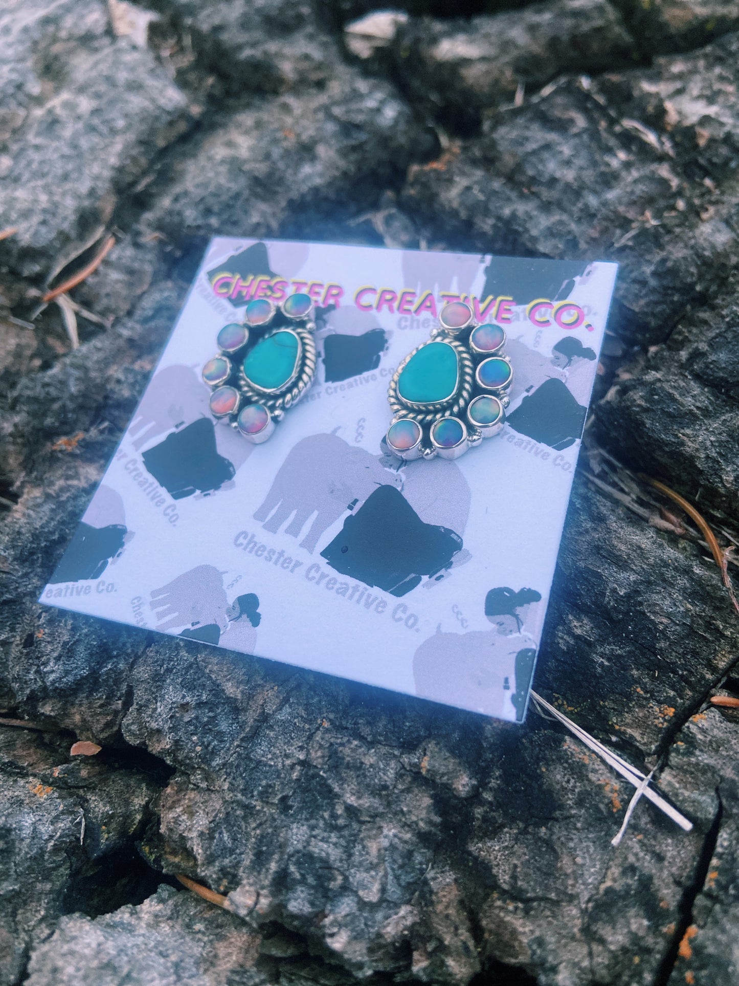 Turquoise & Iridescent Half Cluster Stud Earrings