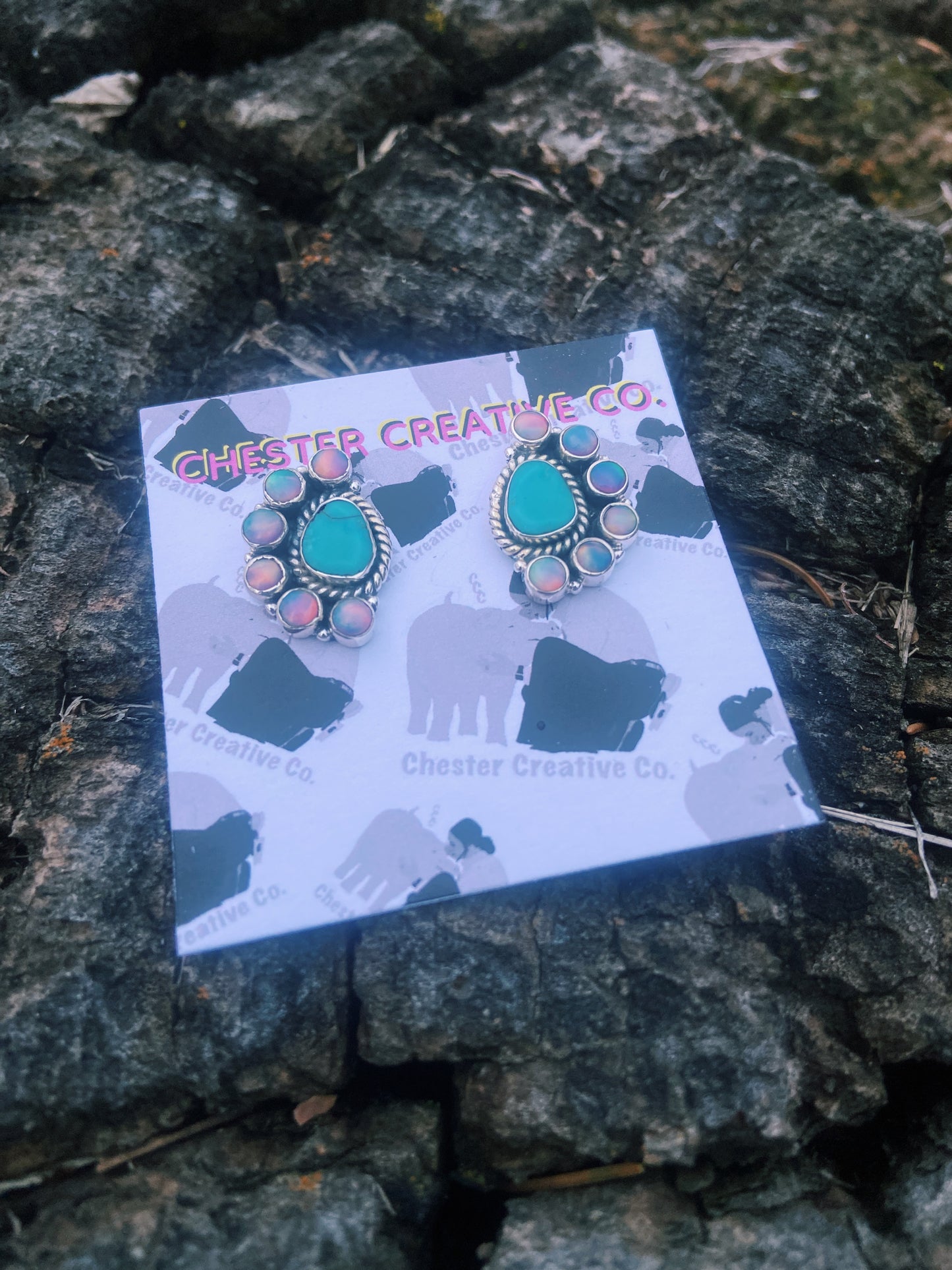 Turquoise & Iridescent Half Cluster Stud Earrings