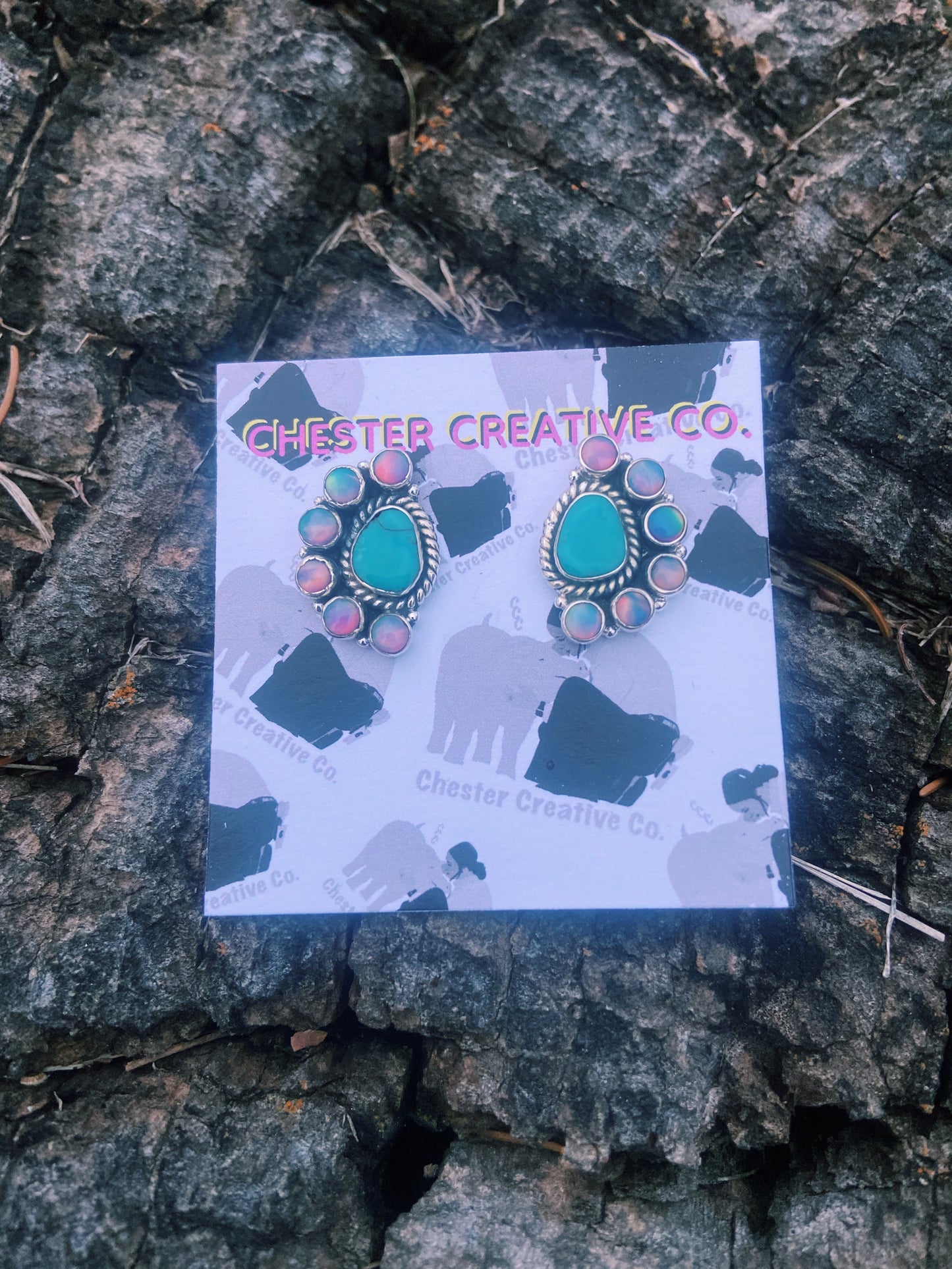 Turquoise & Iridescent Half Cluster Stud Earrings