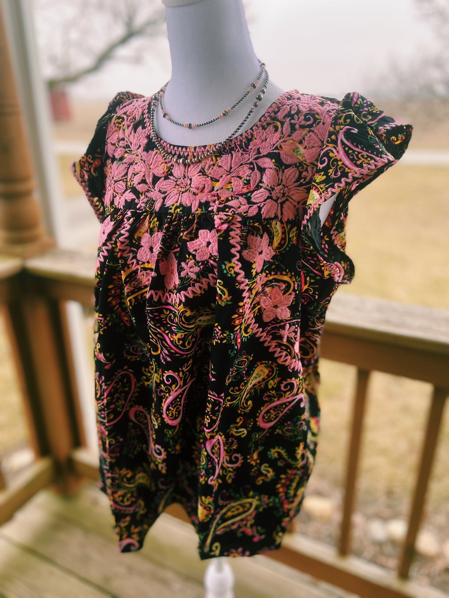 Embroidered Pink Floral + Paisley Ruffled Sleeved Top