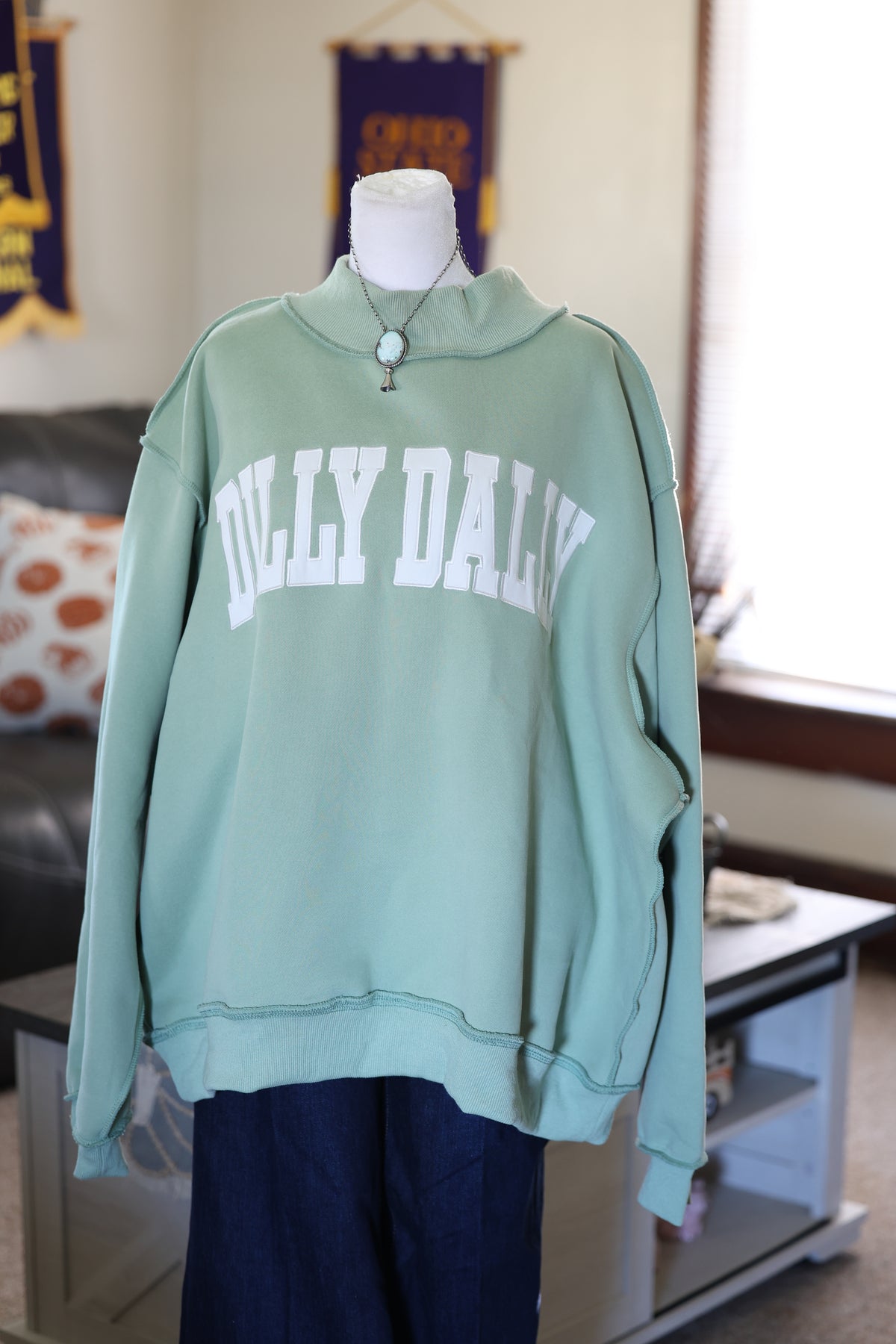Dilly Dally Embroidered Teal Mockneck Crewneck