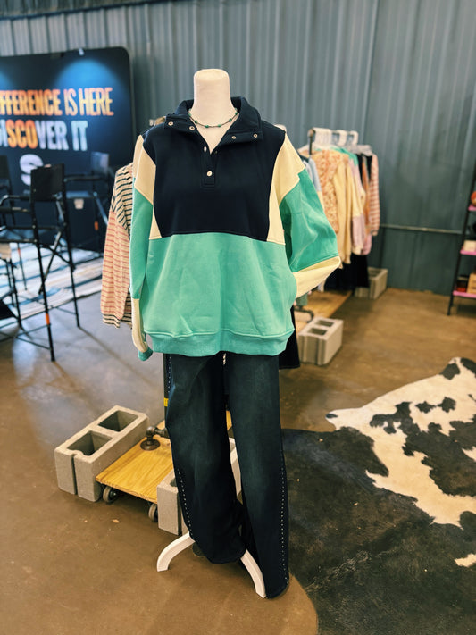 Navy Blue, Turquoise, & Cream Color Block Pullover