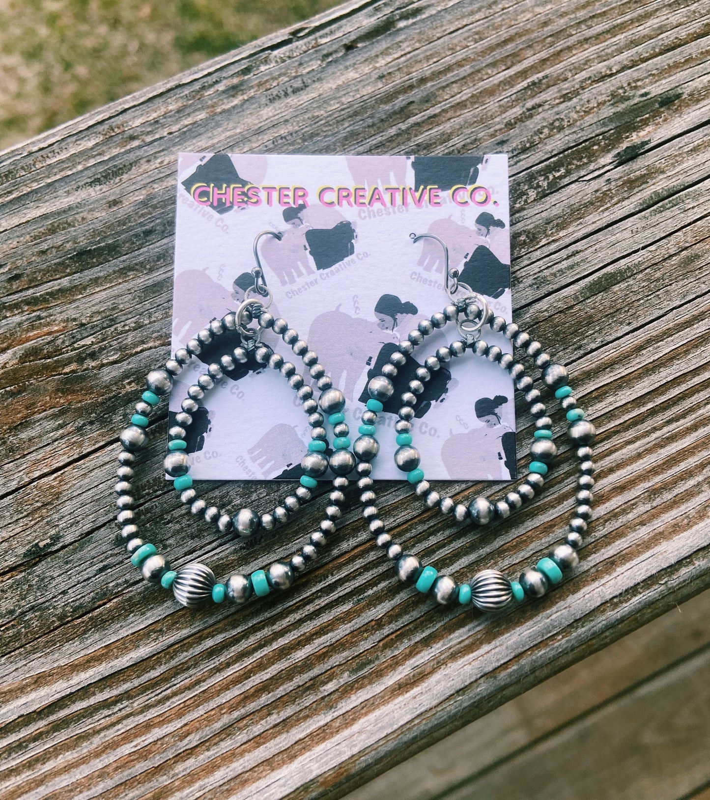 Double Hoop Real Navajo Pearl & Turquoise Earrings