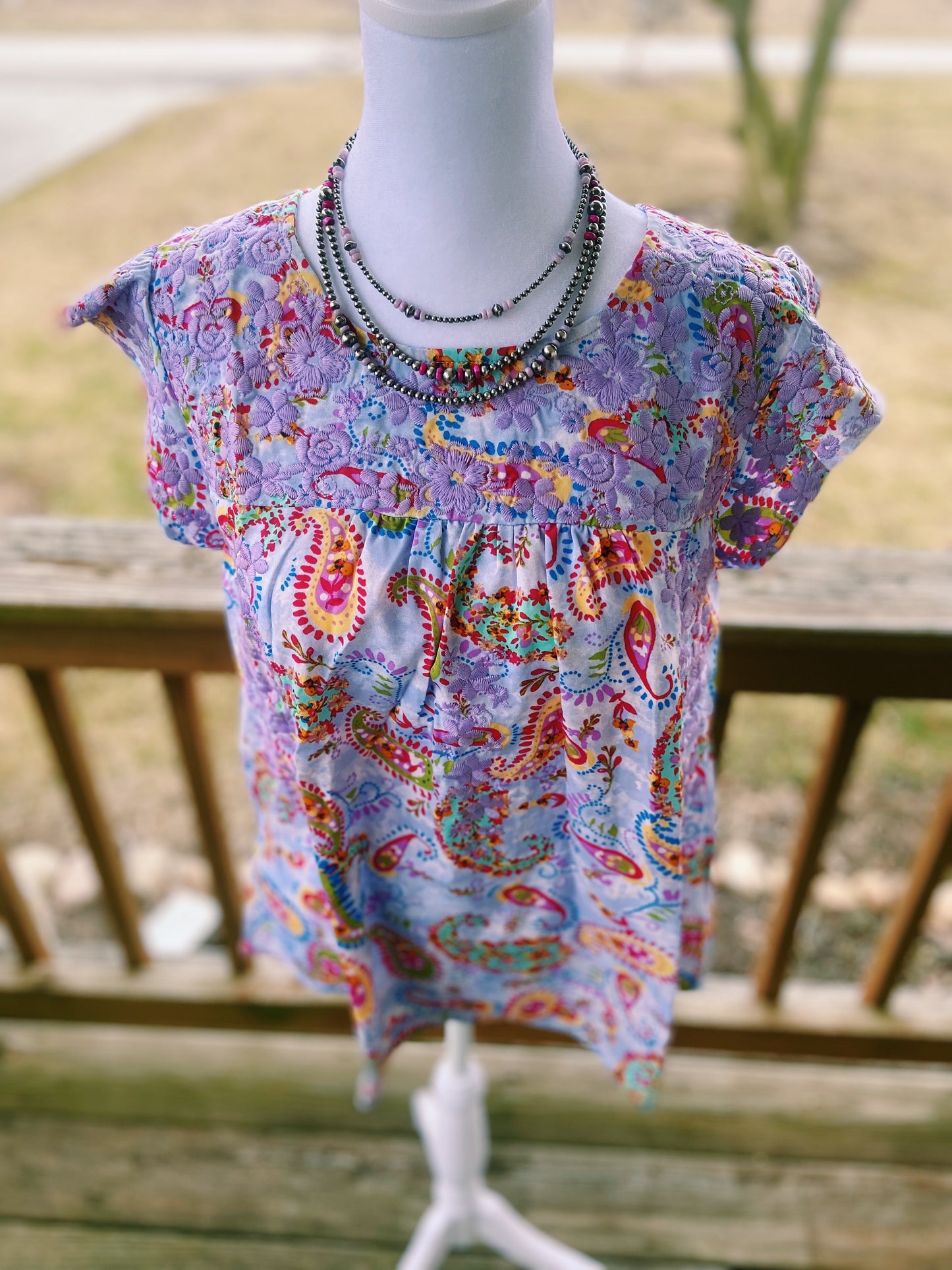 Embroidered Purple Floral + Paisley Ruffled Sleeved Top